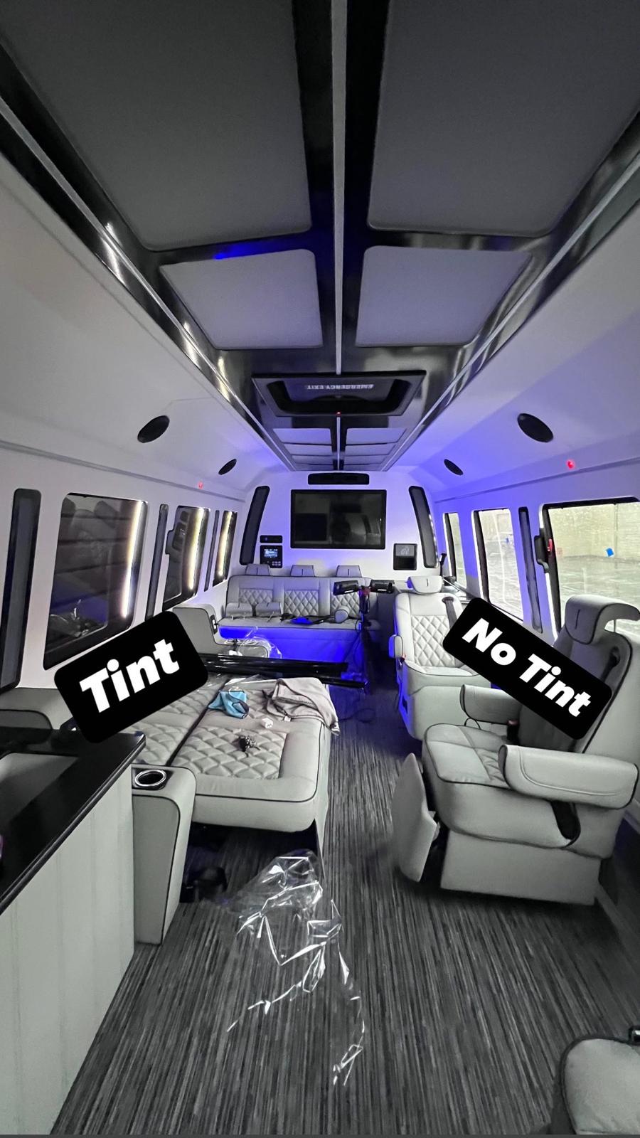 Side-by-side comparison of tinted and untinted windows inside a luxury sprinter van